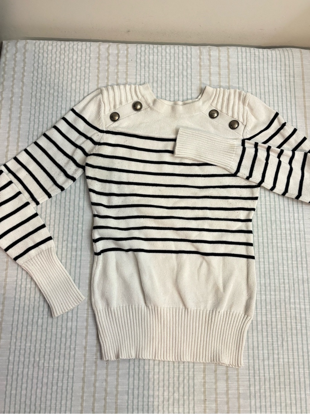 PattyBoutik Cream & Black Striped Shoulder-Button Sweater
